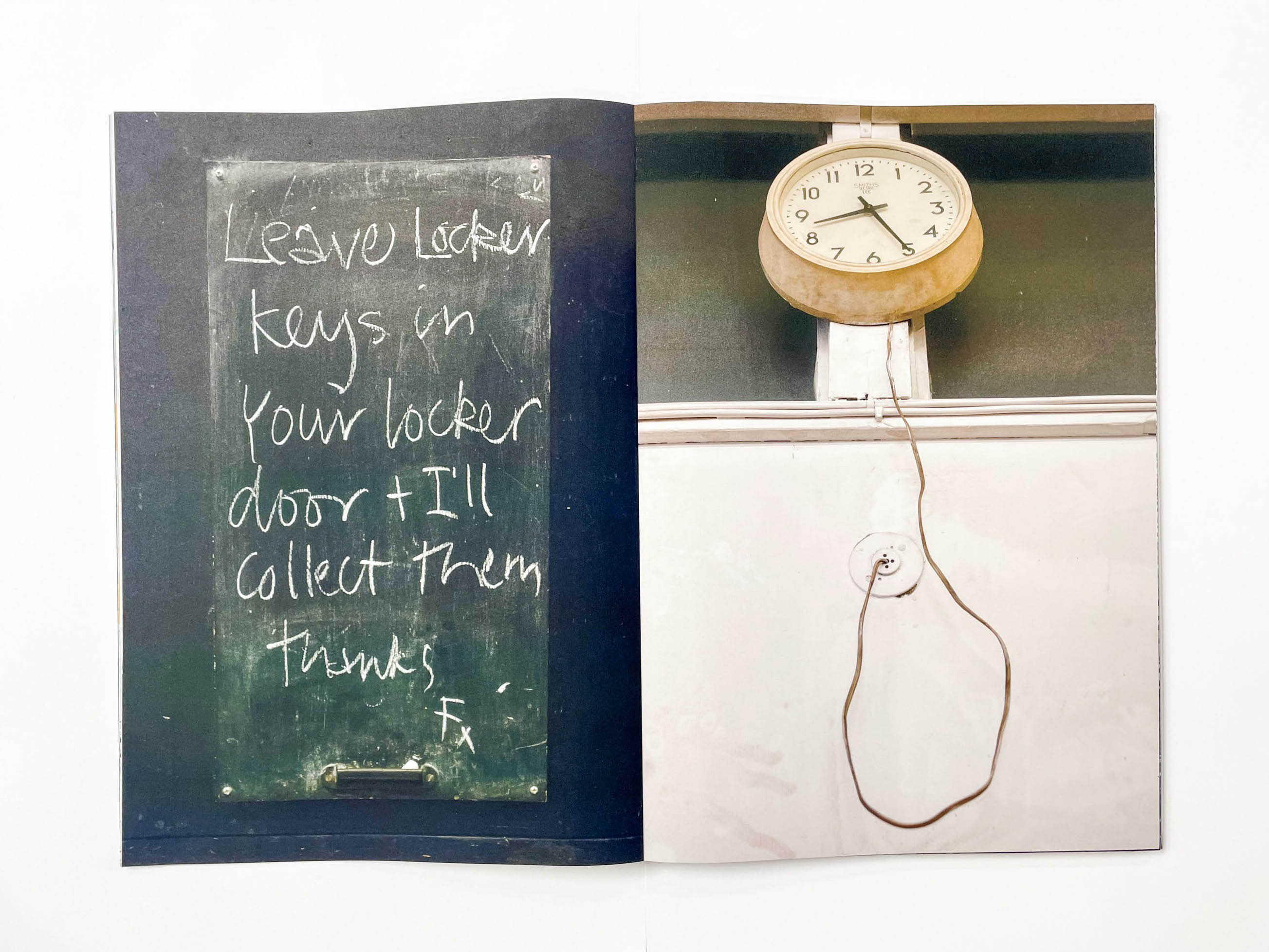 two photos - on the left a black chalkboard  with the handwritten message - Leave Locker keys in your locker door + I'll return them thanks F x; on the right a clock with the time 8.25'