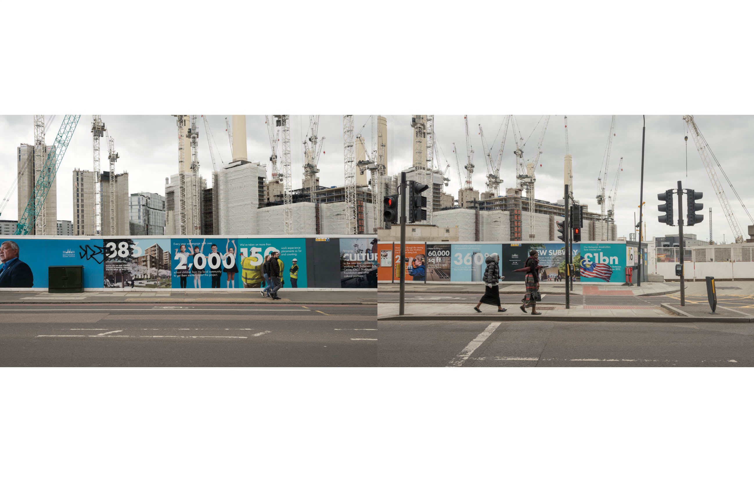 two photos of different hoardings around Battersea Power Station with pedestrians passing