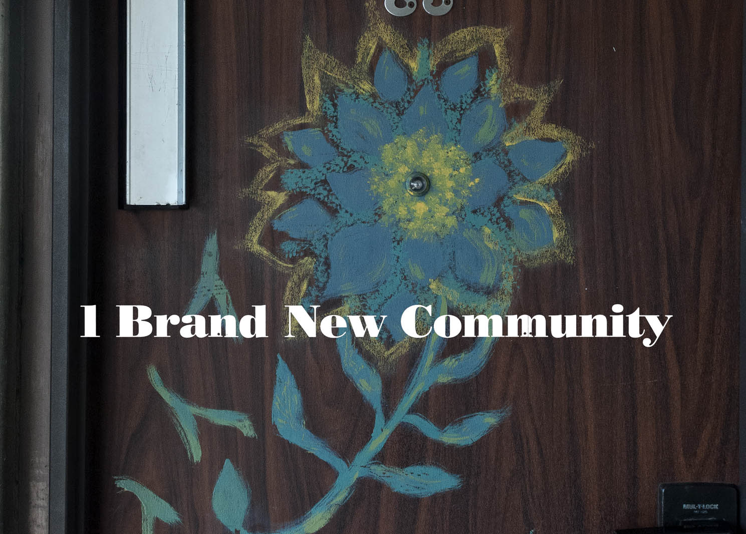 A close-up of a front door - a sunflower has been drawn in blue and yellow on top of dark brown artificial wood grain with the book title overlaid - 1 brand new community