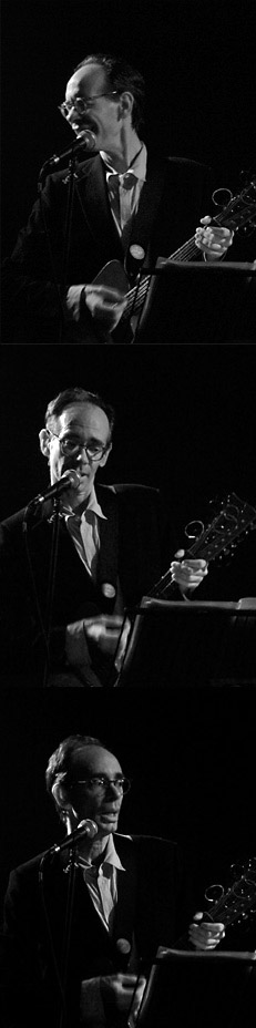 three black and white images of Arto Lindsay playing guitar against a dark background