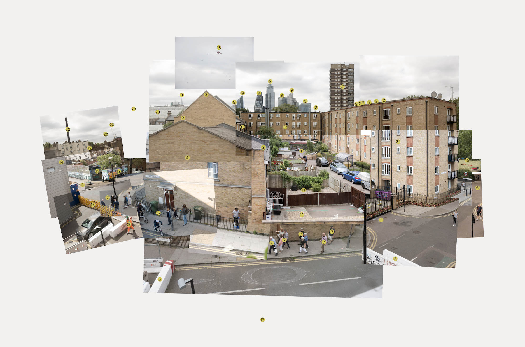 a collage of images creating a view from a window towards the City of London