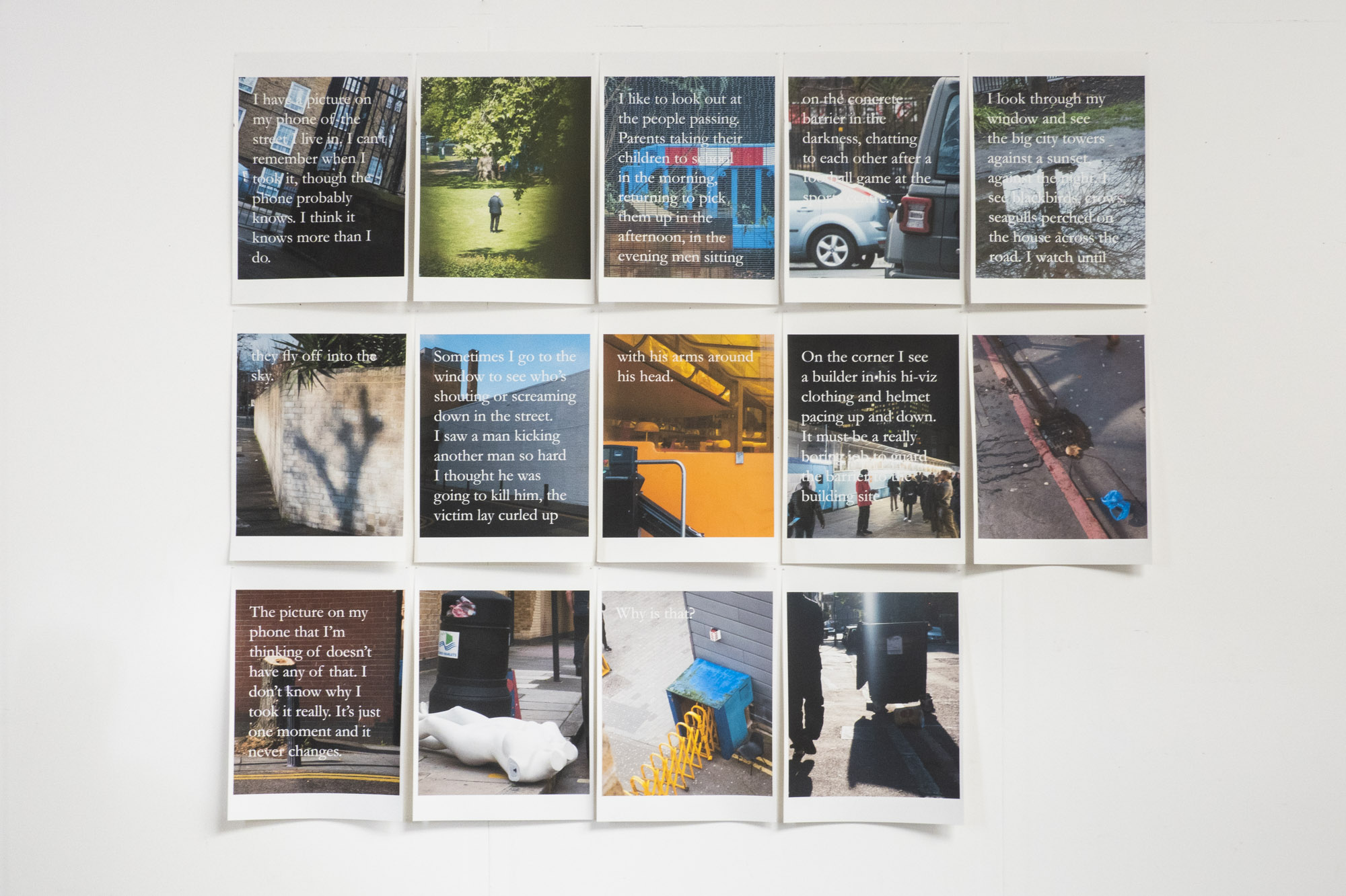 fourteen sheets of A2 printed with colour images and text in a grid, pinned to a white wall